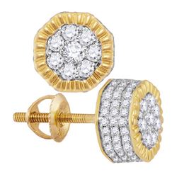 3/4 CTW Mens Round Diamond Fluted Hexagon Cluster Stud Earrings 10kt Yellow Gold - REF-35K9R