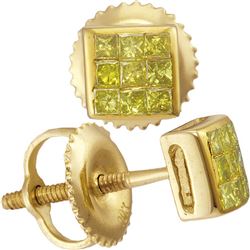 1/4 CTW Mens Princess Yellow Color Enhanced Diamond Square Earrings 10kt Yellow Gold - REF-13F2M