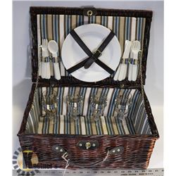 PICNIC BASKET COMPLETE WITH PLATES, GLASSES AND
