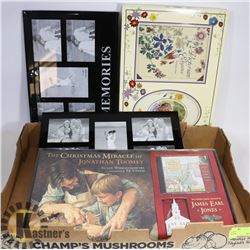 FLAT OF PICTURE FRAMES AND CHRISTMAS BOOK WITH