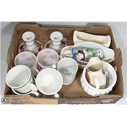 BOX OF ESTATE VINTAGE MUGS, CANDLESTICKS & MORE