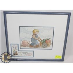 FRAMED MATTED NEEDLE ART FARMING PICTURE