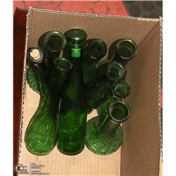 BOX OF GREEN GLASS DECANTERS AND MORE