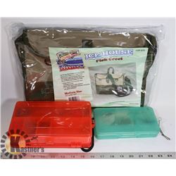 NEW ICE HOUSE FISHING CREEL; 2 SMALL TACKLE BOXES