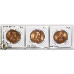 LOT OF 3 LARGE BRITISH PENNIES 1965, 1966 & 1967