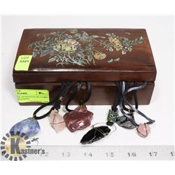 LOT OF 5 STONE PENDANTS W/ CORD CHAINS IN A WOODEN