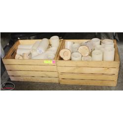 TWO WOOD CRATES OF CANDLES & BIRCH CANDLE HOLDERS