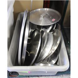 BUS PAN OF ASSORTED ALUMINUM STOCK POT LIDS