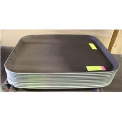 STACK OF 11 RUBBER-LINED EATERY SERVING TRAYS