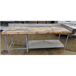89.5" BUTCHER BLOCK TABLE W/ BACKSPLASH * AS IS