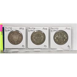 3- BRITISH 1/2 CROWN 1893, 1928, 1939