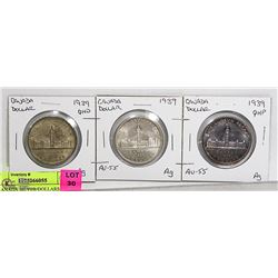 3- CANADA SILVER DOLLARS 1939 VF,EF, MS