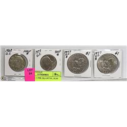 LOT OF 4 U.S. COINS- 1-1968 HALF DOLLAR, 2-1977 $1