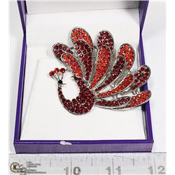 RED RHINESTONE PEACOCK BROOCH