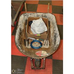 WHEEL BARROW WITH ASSORTED LAWN ORNAMENTS