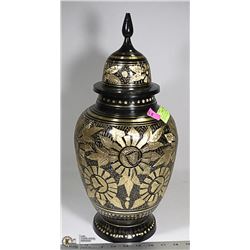 LARGE BLACK AND GOLD BRASS ETCHED URN CONTAINER