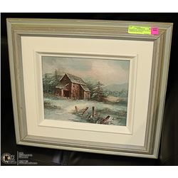 FRAMED OIL PAINTING OF AN OLD FARM HOUSE SCENE