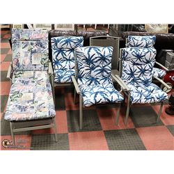 6PC PATIO FURNITURE SET. ONE CHAIR MISSING CUSHION