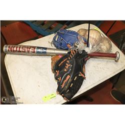 BASEBALL GLOVES, BAT AND BALLS