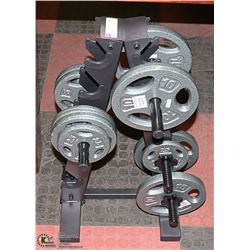 RACK OF DUMBELLS AND RACK.