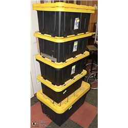 LOT OF 5 STACKABLE HEAVY DUTY STORAGE CONTAINERS