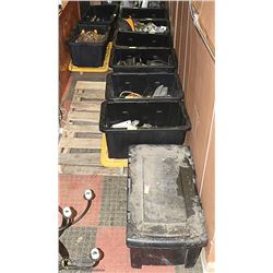 9 TOTES OF ASSORTED TOOLS AND SHOP MISC.