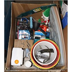 VERY LARGE BOX OF SHOP ITEMS - PAILS, TOYOTA WHEEL