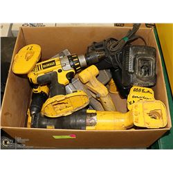 BOX OF ASSORTED DEWALT TOOLS AND CHARGERS NO