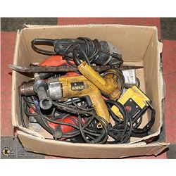 BOX OF ASSORTED POWER TOOLS.