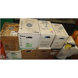 9 BOXES OF ASSORTED COMMUNICATION CABLE (CAT5E)