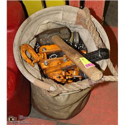 WORK BAG WITH COME ALONG, SLEDGEHAMMER AND MORE