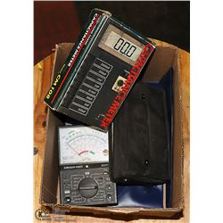 BOX OF ASSORTED TESTINGMETERS. TOOLS
