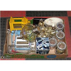 FLAT OF MISC INCLUDING JARS, LANTERN, COOKIE JAR