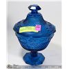 Image 1 : VINTAGE BLUE PEDESTAL CANDY DISH. 9" TALL