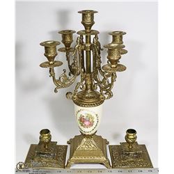 BRASS & PROCELAIN CANDLELABRA  WITH 2 BRASS CANDLE
