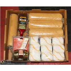 DOUBLE DEADBOLT LOCK, PAINT ROLLERS AND BRUSHES.