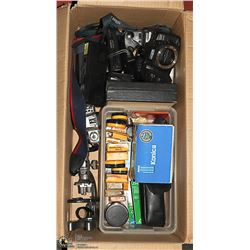 CLASSIC CAMERAS LOT W/FILM, LENSES, MANUALS