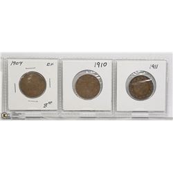 1909, 1910, 1911 CANADIAN LARGE PENNIES- SET OF 3