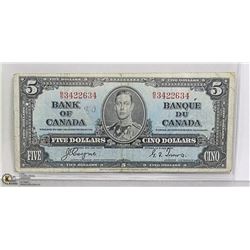 1937 CANADIAN $5 BILL- SERIAL # BS3422634
