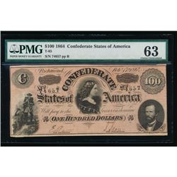 1864 $100 Confederate States of America Note PMG 63