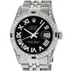 Image 6 : Rolex Mens Stainless Steel Black Roman Diamond & Emerald Datejust Wristwatch Wit