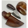 Image 1 : 5" Rivoted Wood Handled Damascus Skinning Knife With Stitched Leather Sheath