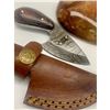 Image 2 : 5" Rivoted Wood Handled Damascus Skinning Knife With Stitched Leather Sheath