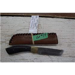 Damascus Tanto Knife with Buffalo Horn Handle and Leather Sheath