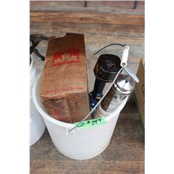 Two Pails of Grease Guns (1 is Battery Operated) and Grease Tubes