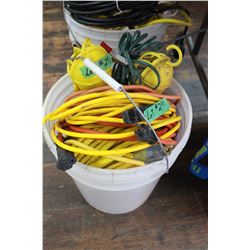 Pail of Electrical Cords and 2 Trouble Lights