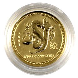 2001 Australia reverse Proof 1/10th oz. Fine Gold Year of the Snake $15 coin. Coin comes in Capsule