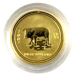 2007 Australia reverse Proof 1/10th oz. Fine Gold Year of the Pig $15 coin. Coin comes in Capsule on