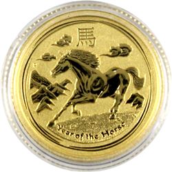 2014 Australia reverse Proof 1/10th oz. Fine Gold Year of the Horse $15 coin. Coin comes in Capsule