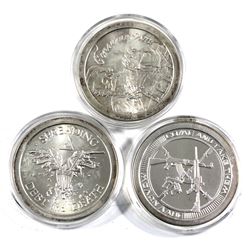 set of 3x 1oz silver shield rounds. Lot includes: "come and take them", Spreading Debt and Death, &